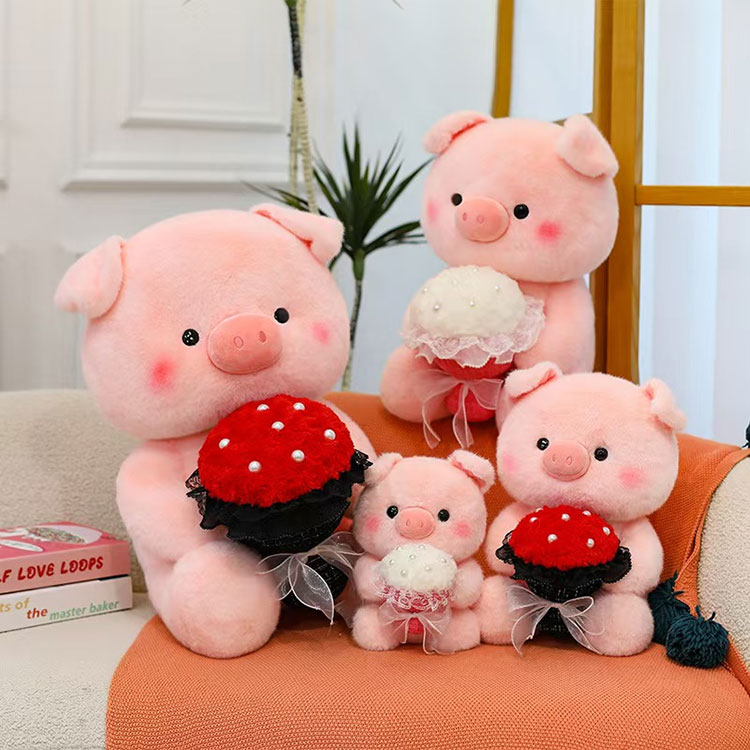 Pink Pig Holding Flowers Plush Toy